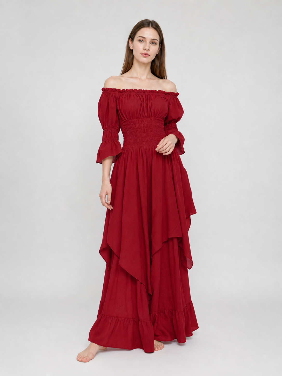 Retro-Style Off-Shoulder Burgundy Dress