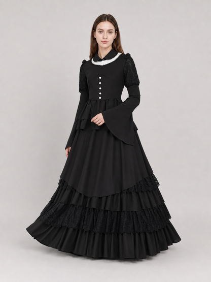 Gothic Dress with a High Collar and Ruffles