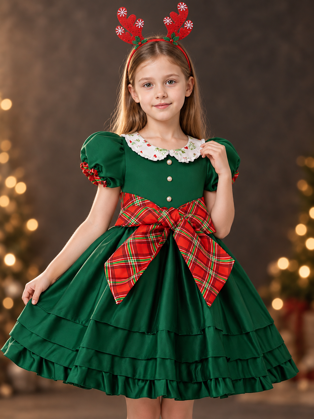 Dressy Dark Green Dress with Plaid Bow and Headband