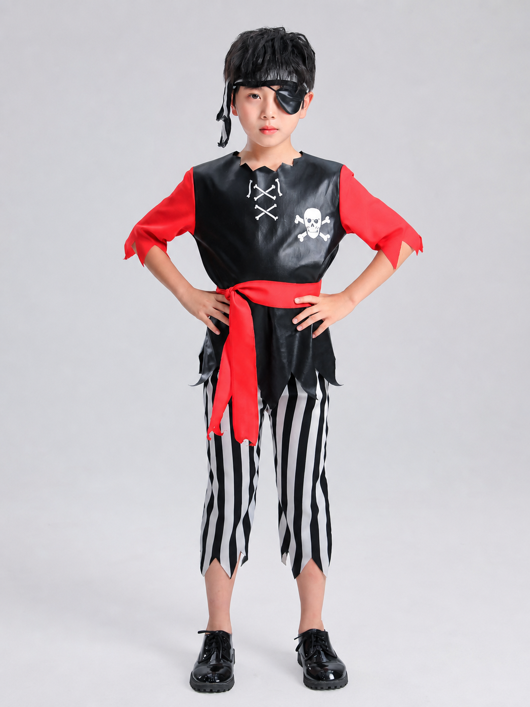 Pirate Costume with Striped Shirt, Eye Patch, and Wig