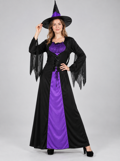 Witch Costume: Long Black and Purple Dress, Hat