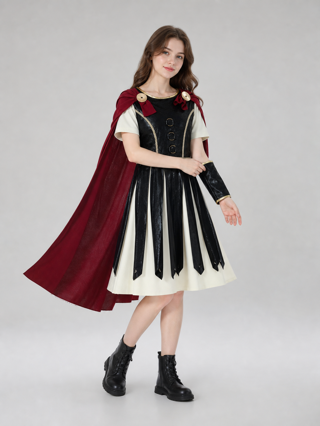 Retro-Style Dress with Red Cape