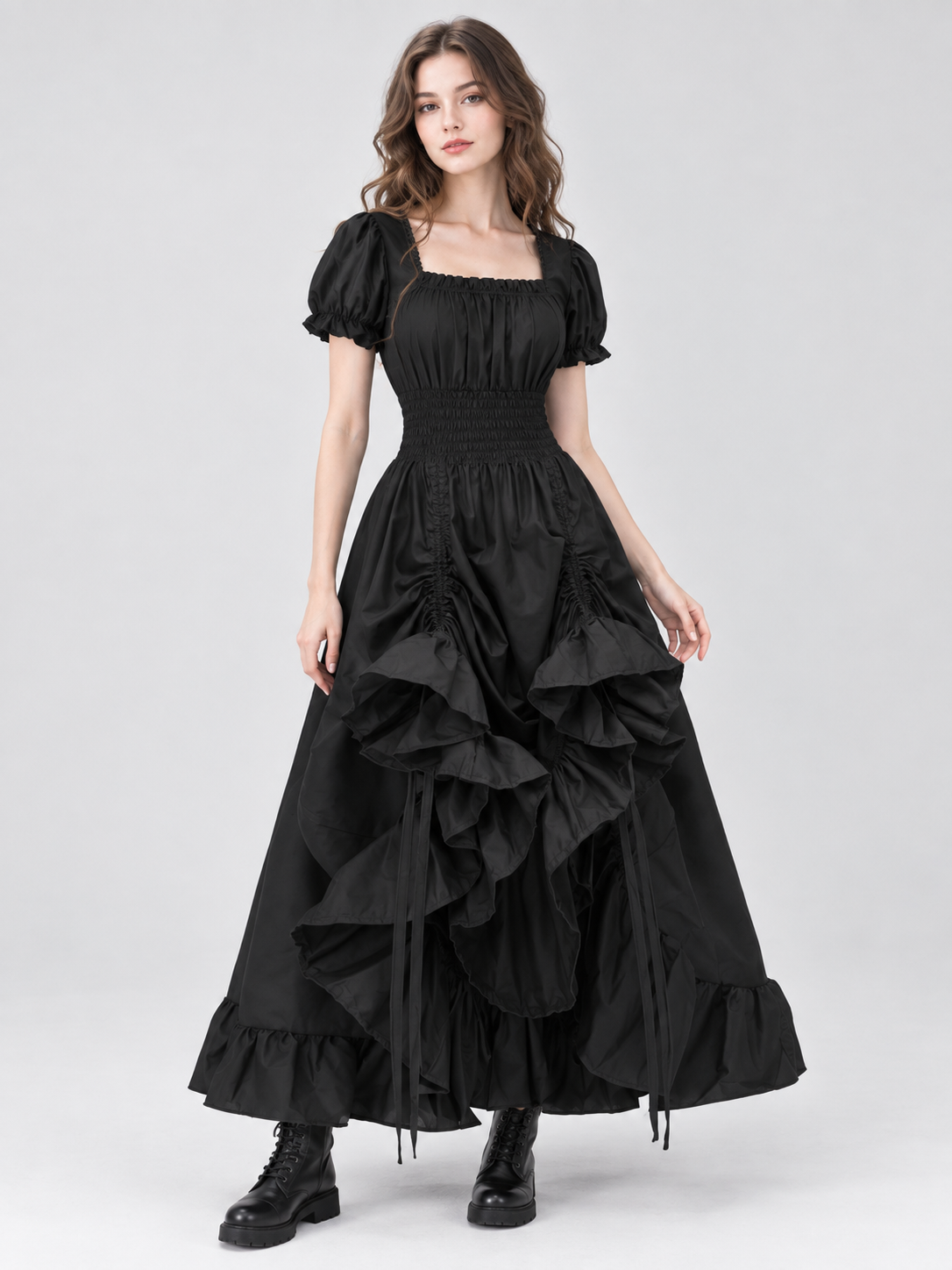 Black Square-Neck Dress with Puff Sleeves