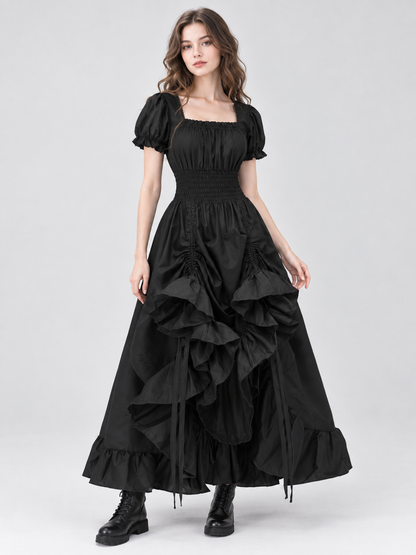Black Square-Neck Dress with Puff Sleeves