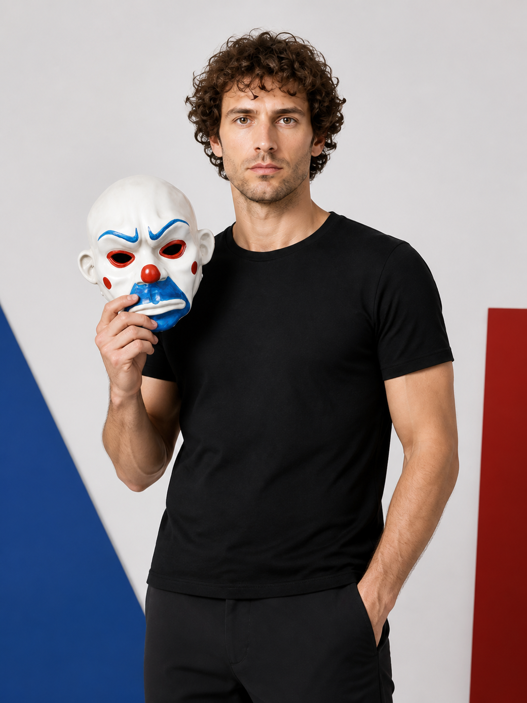 White, Red, and Blue Carnival Clown Mask for Halloween Costume Masks detail