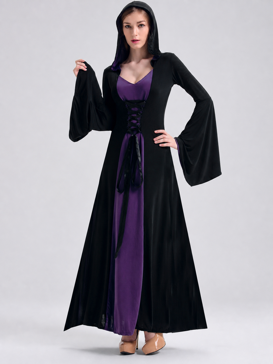 Black Gothic-Style Dress with Hood and Lacing