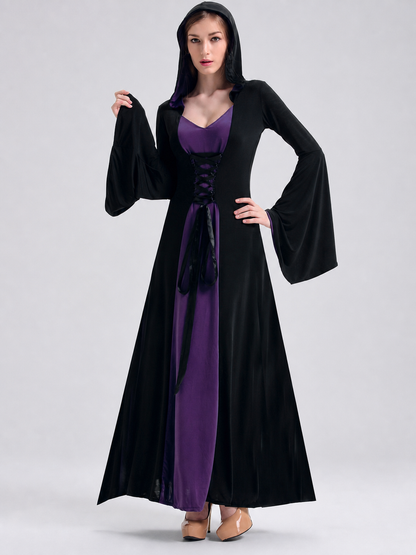 Black Gothic-Style Dress with Hood and Lacing