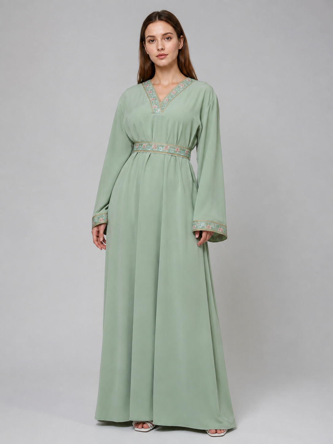 Light Green Embroidered Dress with Tie Belt Costume Dresses detail
