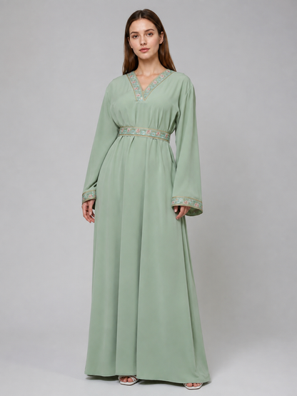Light Green Embroidered Dress with Tie Belt Costume Dresses detail