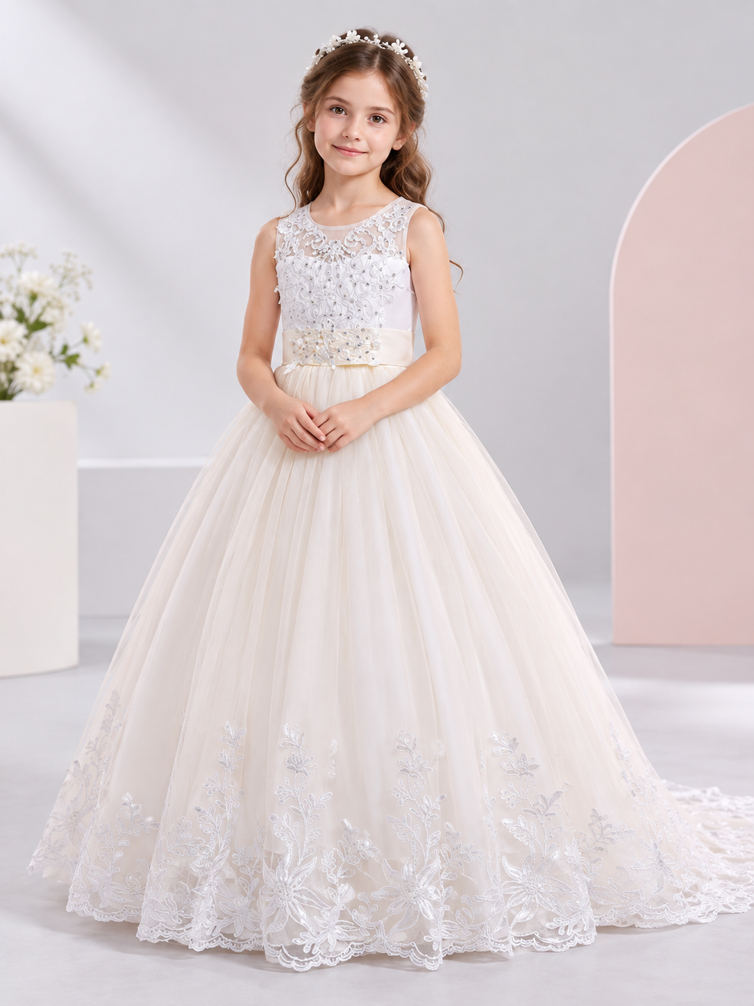 Girls' Formal Floor-Length Dress with Lace and Train