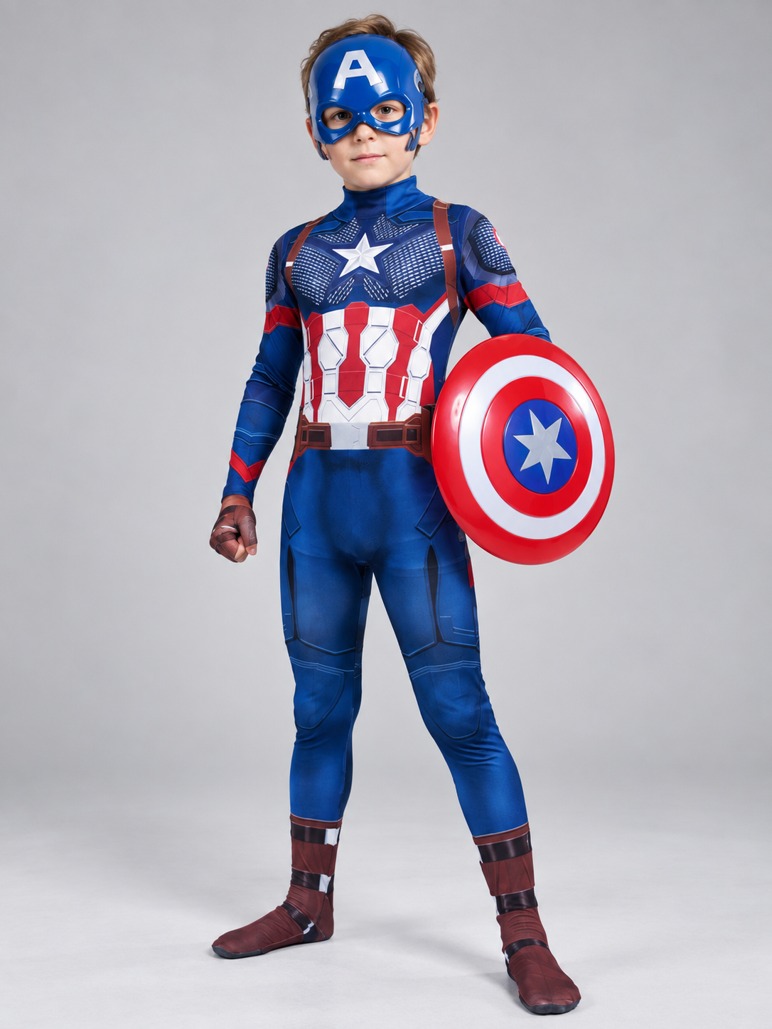 Superhero costume, red jumpsuit with mask and shield