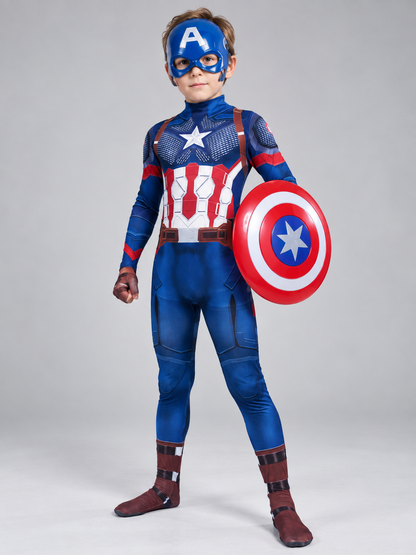Superhero costume, red jumpsuit with mask and shield