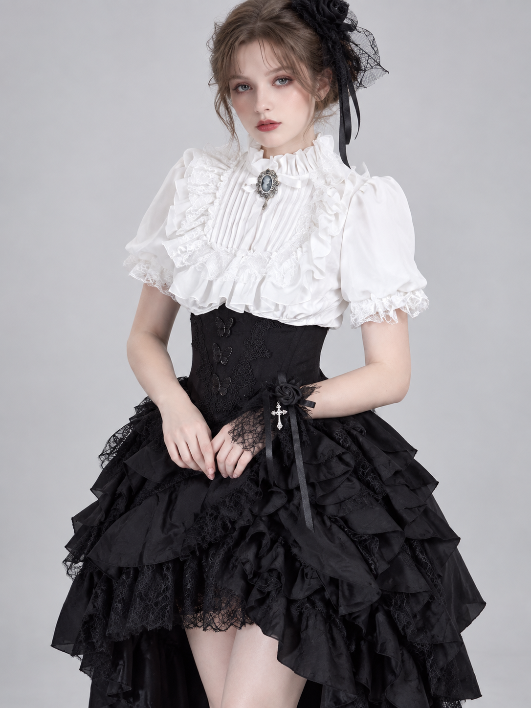 White Lolita-Style Blouse with Jabot and Lace