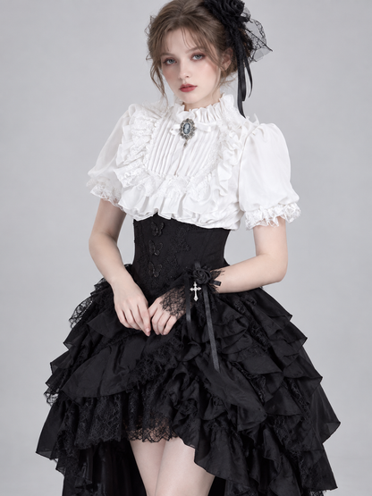 White Lolita-Style Blouse with Jabot and Lace