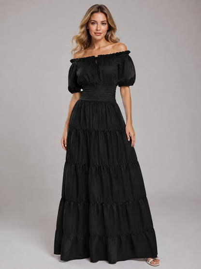 Floor-Length Off-the-Shoulder Dress with Puff Sleeves Costume Dresses detail