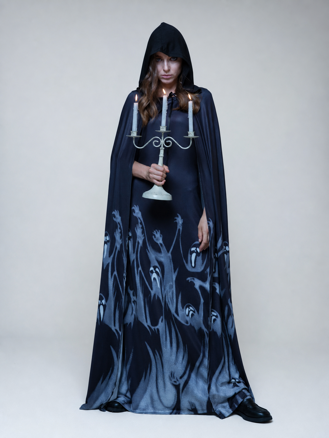 Long Black Hooded Robe with Ghost Pattern