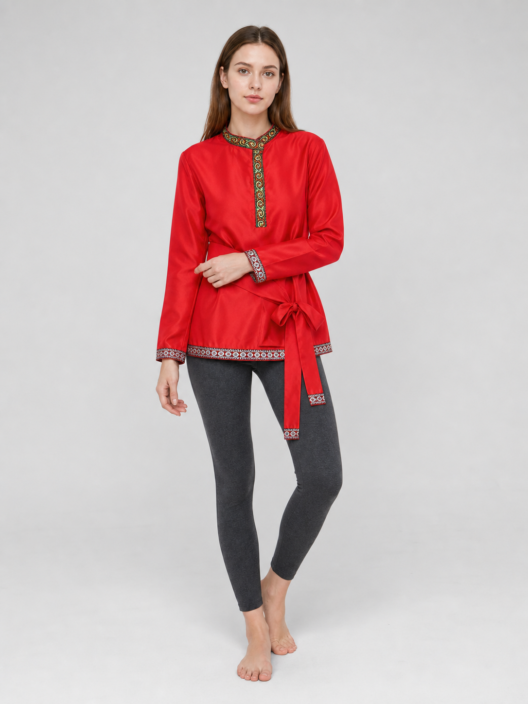 Red Tunic with Ornament, Stand-Up Collar, and Belt