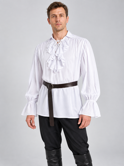 White shirt with jabot, ruffles and long sleeves, with belt