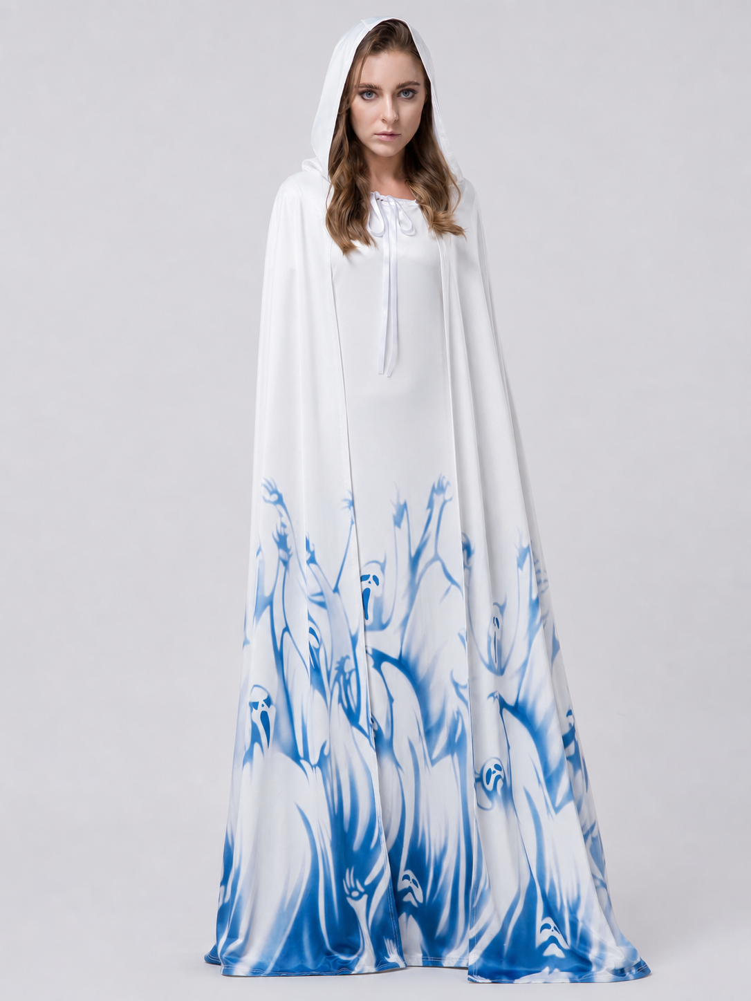 White Long Hooded Robe with Blue Pattern