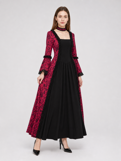 Women’s Gothic Medieval Court Costume Dress 2pcs Set With Neck Accessory, Red Black Scroll Print, Square Neck Long Sleeve Cosplay Outfit