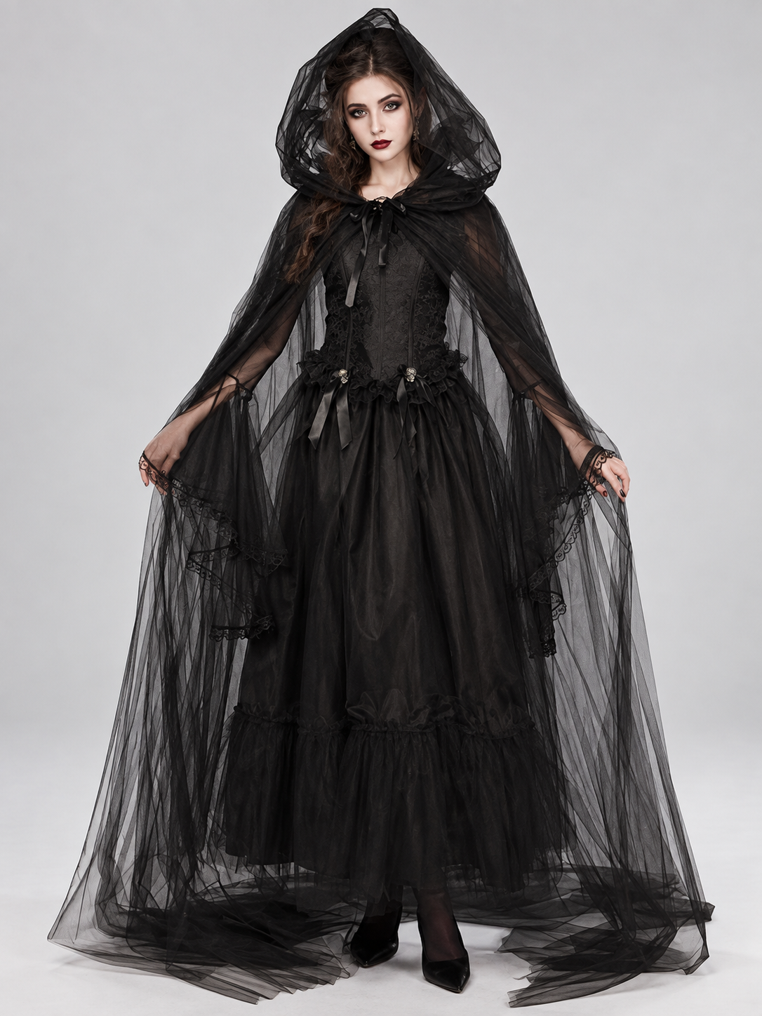 Halloween Costume: Black Dress, Hooded Cape, Sleeves