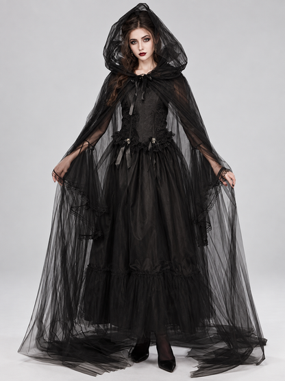 Halloween Costume: Black Dress, Hooded Cape, Sleeves
