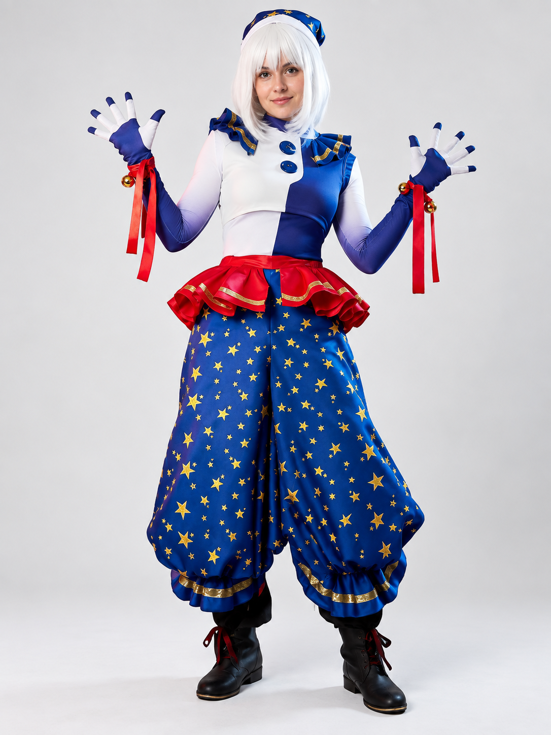 White and Blue Clown Costume with Gold Stars for Cosplay