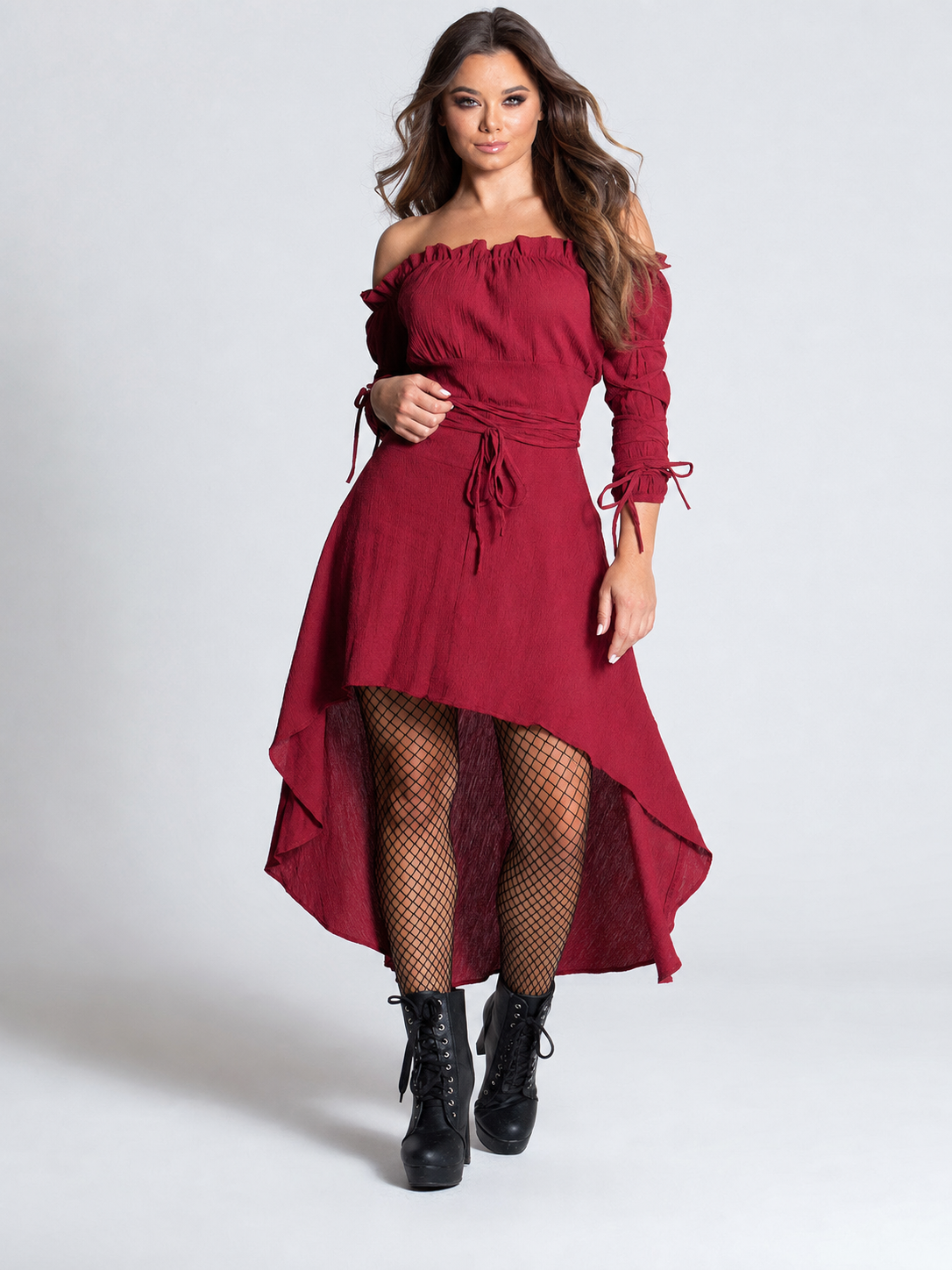 Burgundy Asymmetrical Off-the-Shoulder Dress