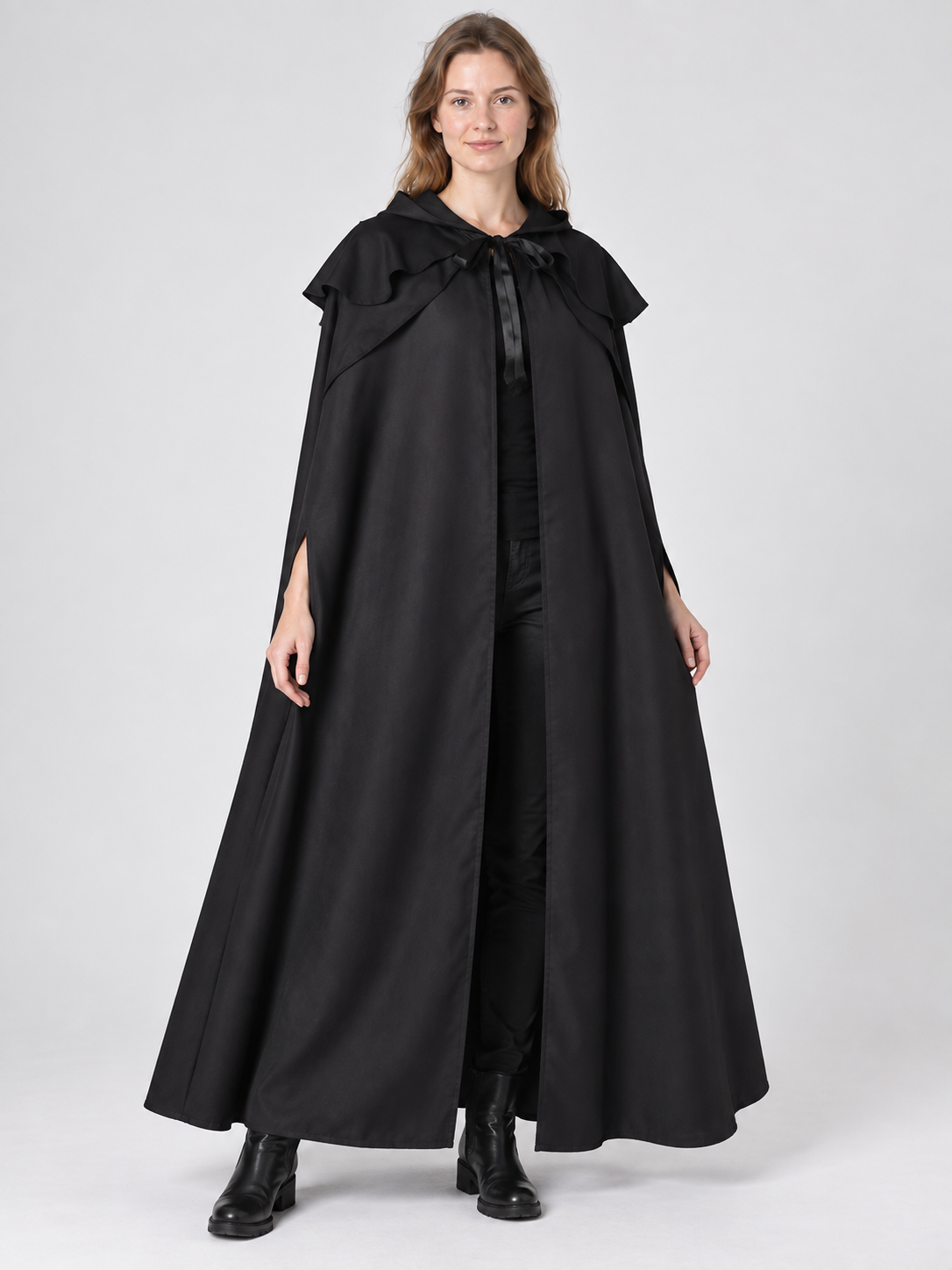 Long Black Hooded Carnival Cape-Cloak