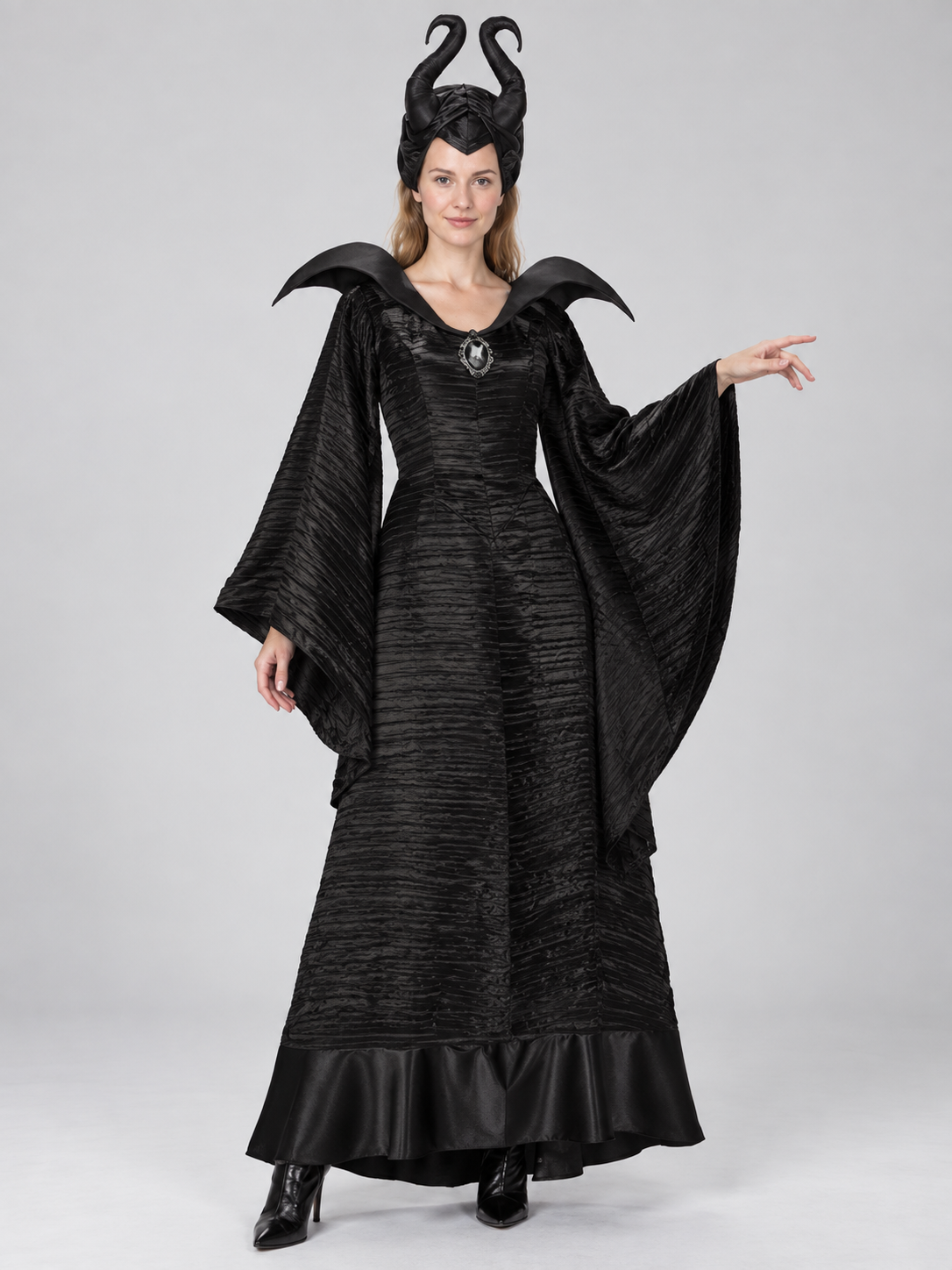 Black Witch Halloween Costume with Horns and Brooch