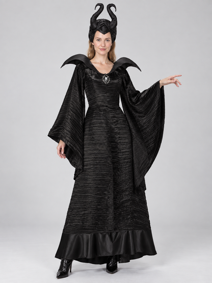 Black Witch Halloween Costume with Horns and Brooch