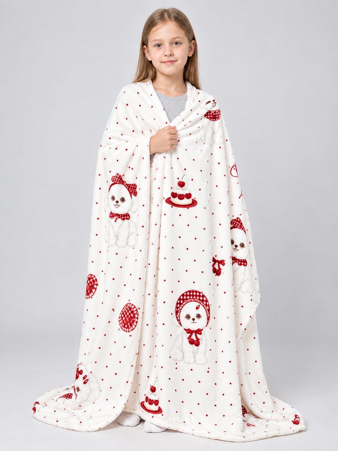 Double-sided blanket with a dog and cherry pastries print