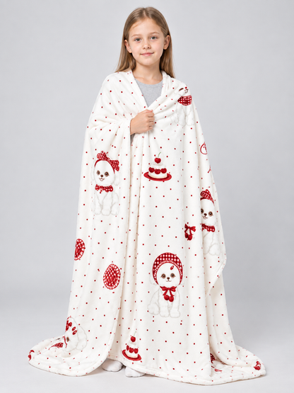 Double-sided blanket with a dog and cherry pastries print