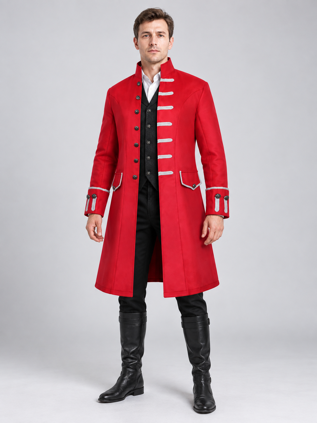 Long Red Frock Coat with Contrasting Trim