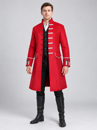 Long Red Frock Coat with Contrasting Trim