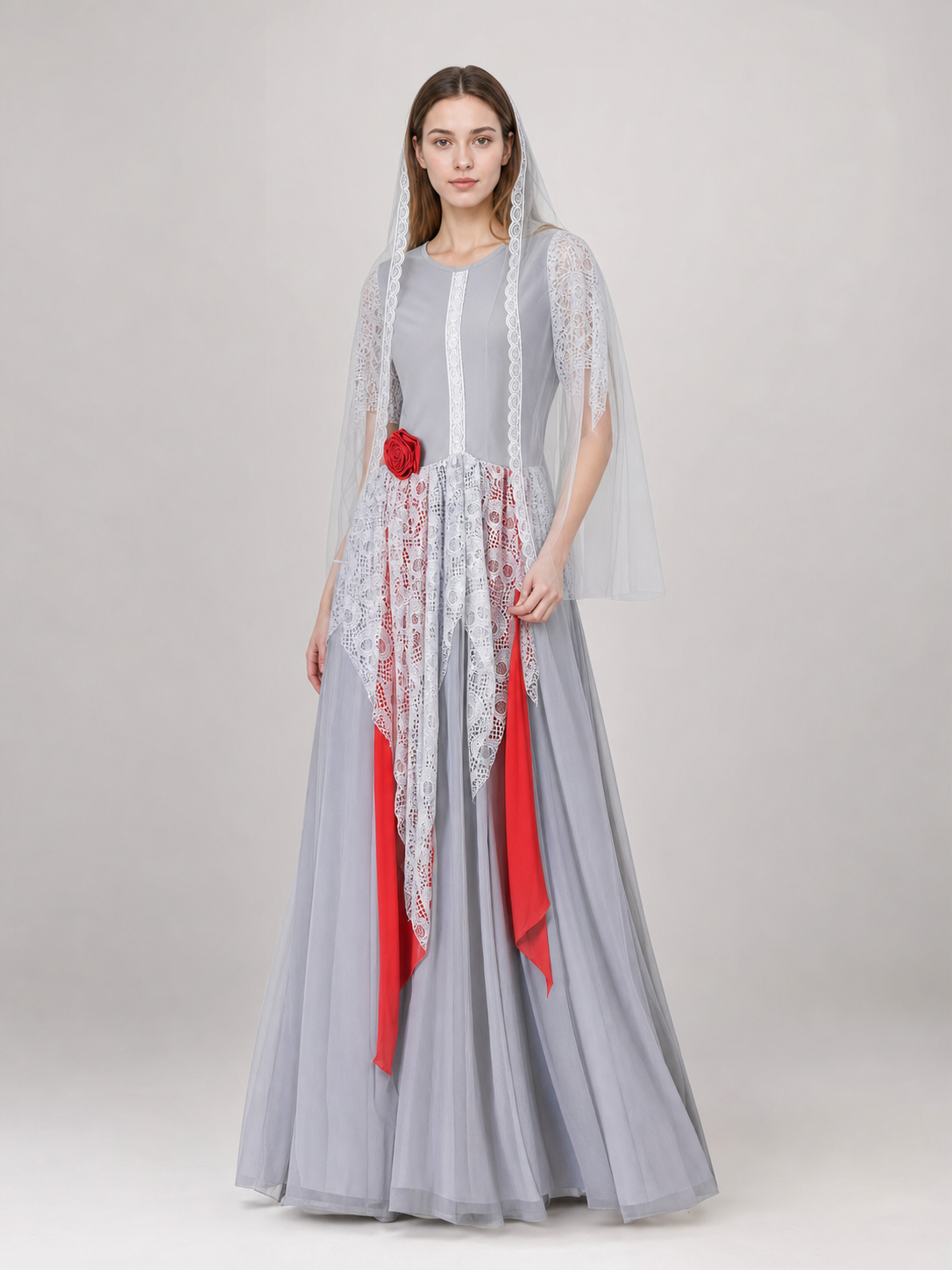 Gothic Ghost Costume with Long Veil and Lace