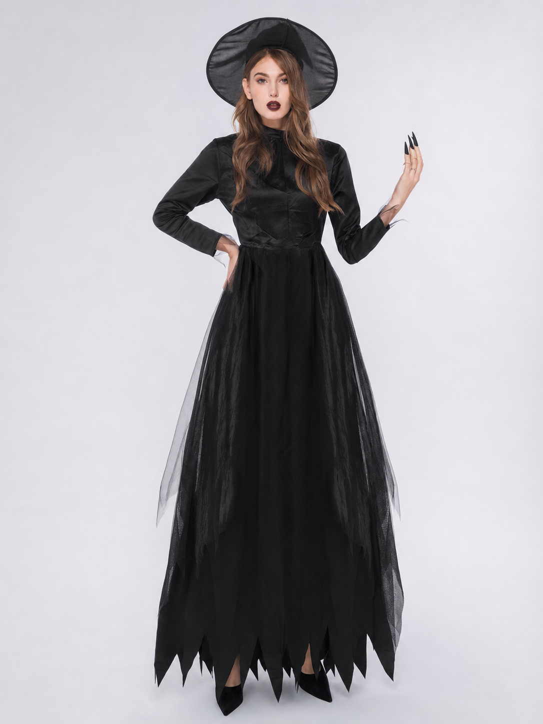 Witch Costume Dress: Long Black Dress with a High Collar
