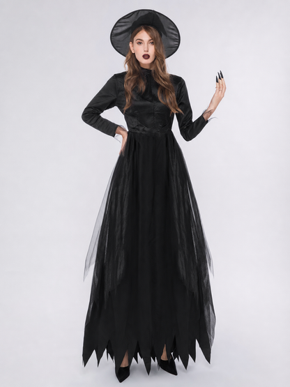 Witch Costume Dress: Long Black Dress with a High Collar