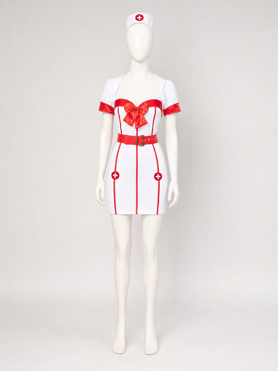 White-and-Red Nurse Costume with Bow and Belt