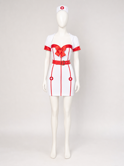 White-and-Red Nurse Costume with Bow and Belt