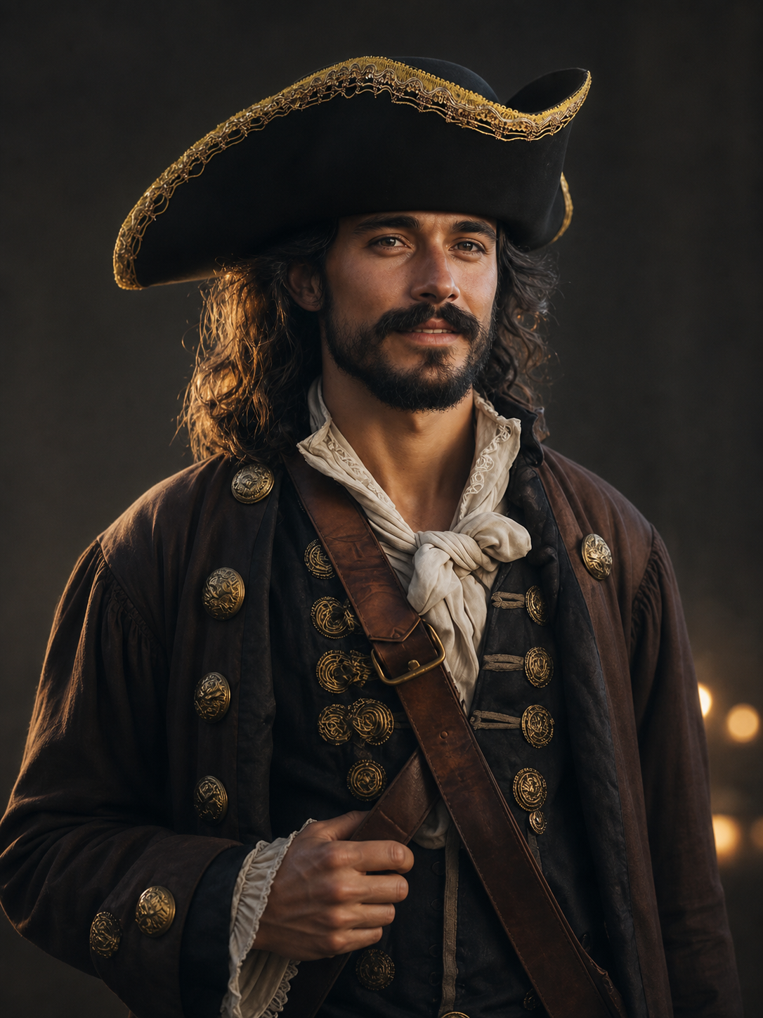 Black tricorn hat with gold edging worn by a front-facing model in a dark pirate-style costume