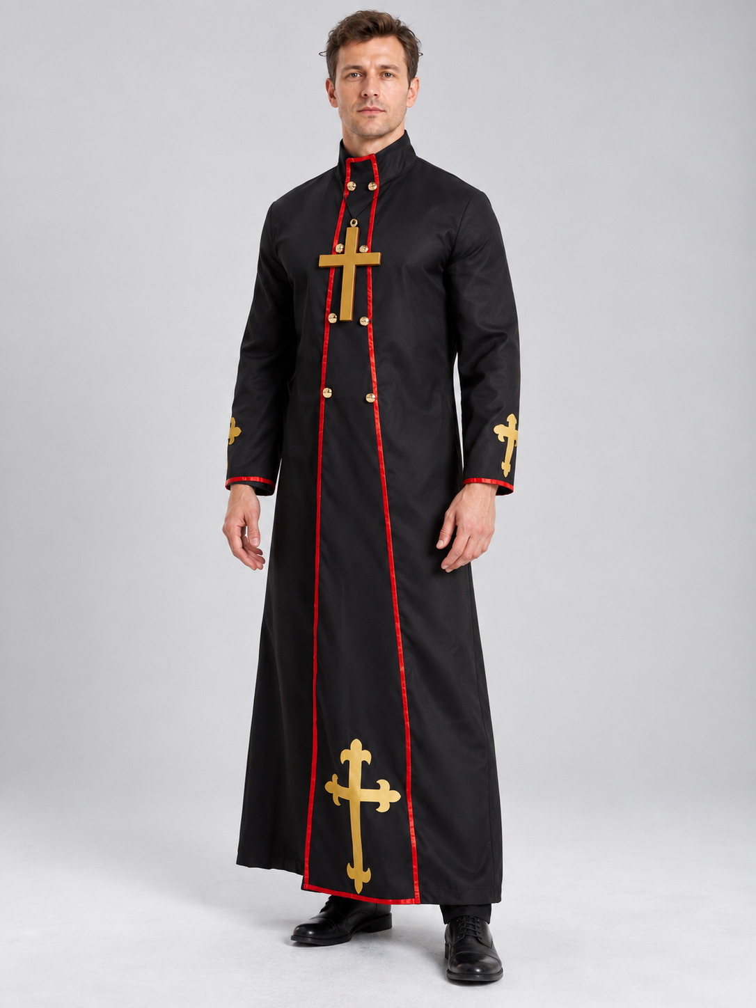 Long Cassock with Red Trim and Gold-Tone Crosses product detail