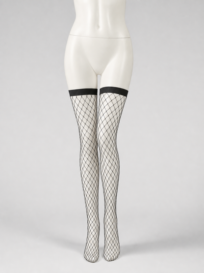 Black Thigh-High Stockings with a Wide Band and Diamond Mesh