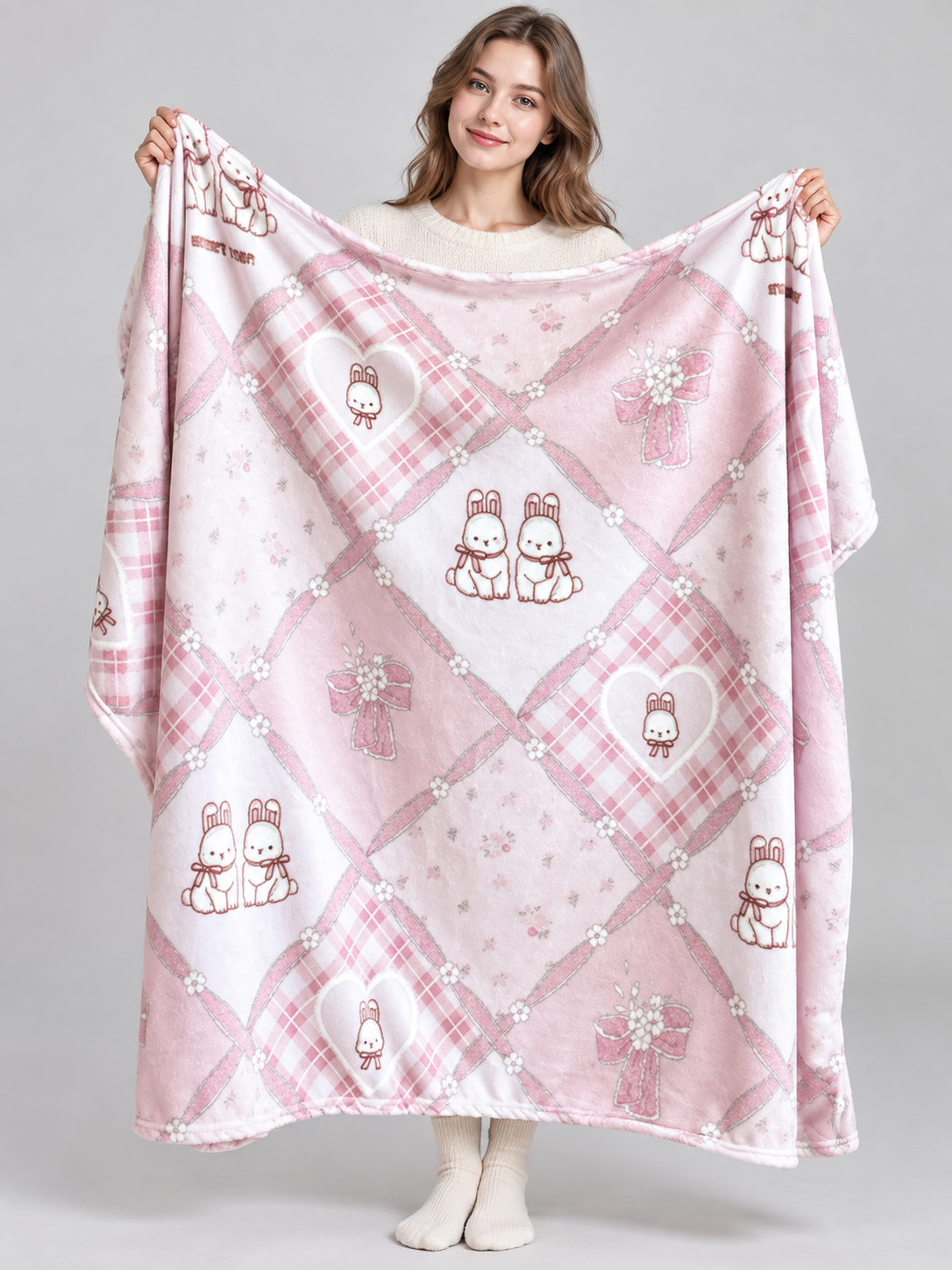 Reversible pink and white blanket with bunnies and bows