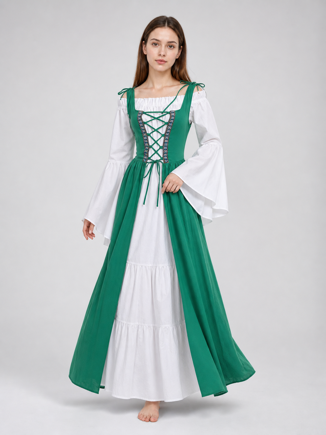 Green and white medieval-style dress with lacing