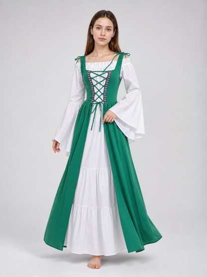 Green and white medieval-style dress with lacing