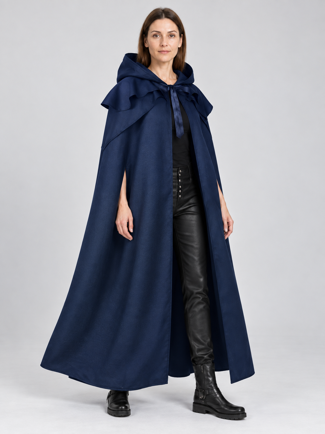 Blue Long Hooded Cloak with Tie Straps