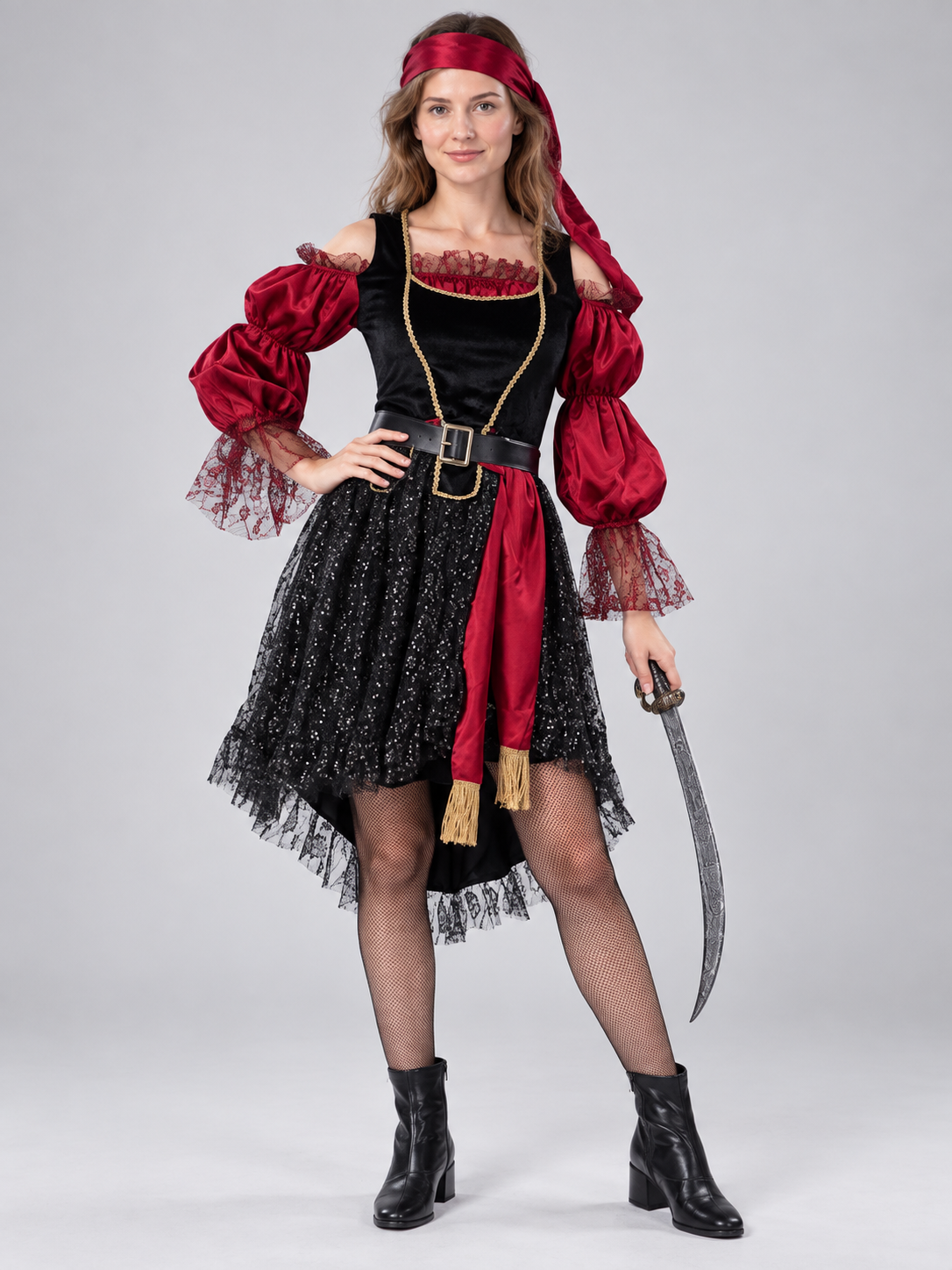 Pirate Costume with Black and Red Dress and Belt