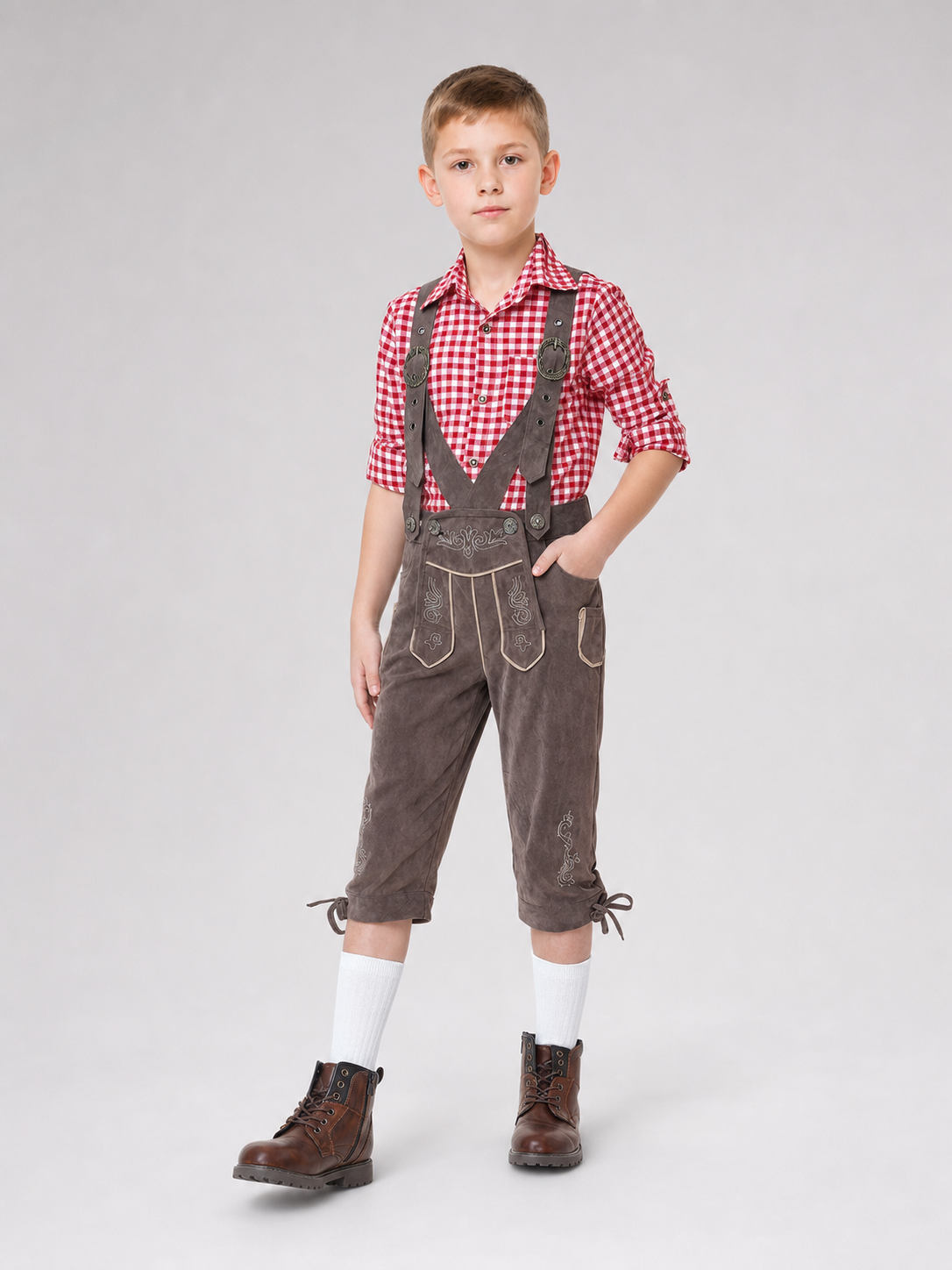 Alpine-style outfit: plaid shirt and pants