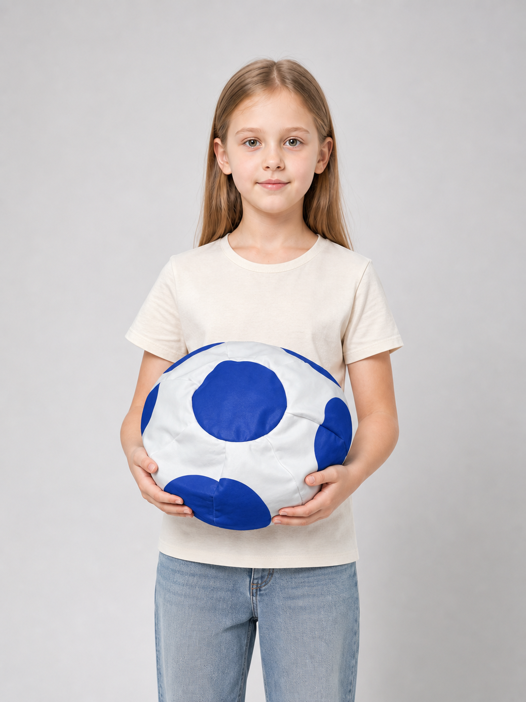 Round Blue and White Pillow with a Soccer Ball Design